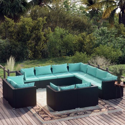 vidaXL 11-tlg. Garten-Lounge-Set mit Kissen Schwarz Poly Rattan