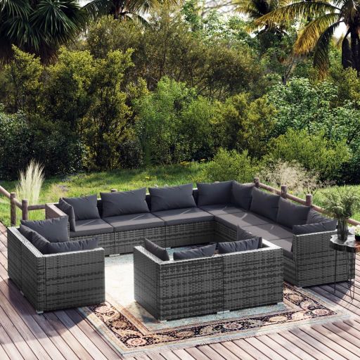 vidaXL 11-tlg. Garten-Lounge-Set mit Kissen Schwarz Poly Rattan
