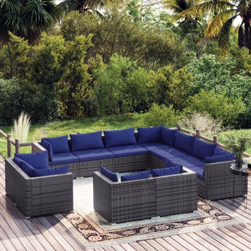vidaXL 11-tlg. Garten-Lounge-Set mit Kissen Schwarz Poly Rattan