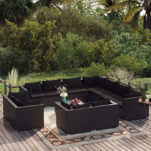 vidaXL 11-tlg. Garten-Lounge-Set mit Kissen Schwarz Poly Rattan