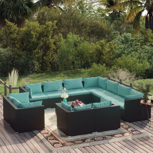 vidaXL 11-tlg. Garten-Lounge-Set mit Kissen Schwarz Poly Rattan