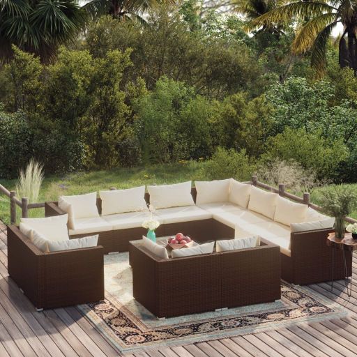 vidaXL 11-tlg. Garten-Lounge-Set mit Kissen Schwarz Poly Rattan