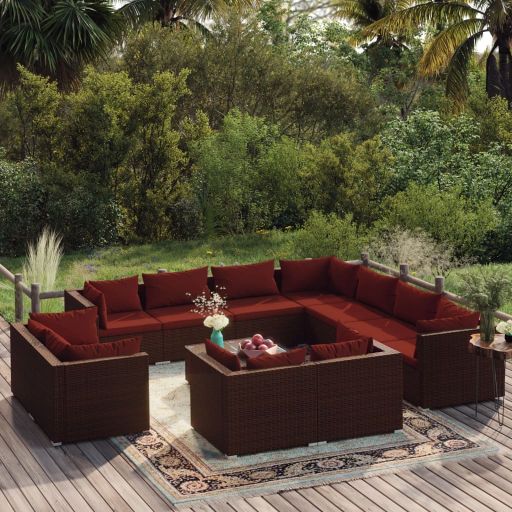 vidaXL 11-tlg. Garten-Lounge-Set mit Kissen Schwarz Poly Rattan