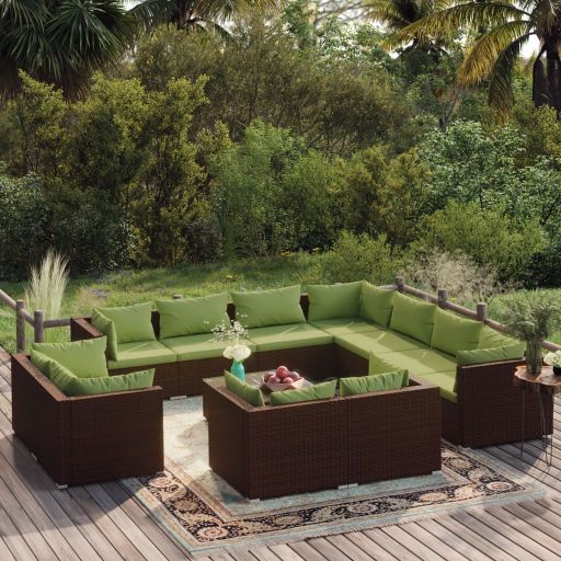 vidaXL 11-tlg. Garten-Lounge-Set mit Kissen Schwarz Poly Rattan