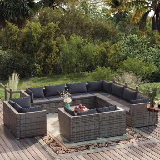 vidaXL 11-tlg. Garten-Lounge-Set mit Kissen Schwarz Poly Rattan