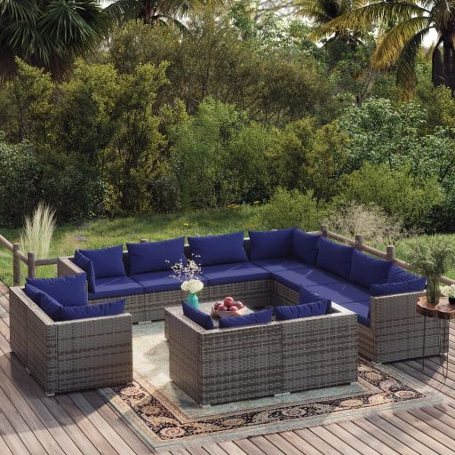 vidaXL 11-tlg. Garten-Lounge-Set mit Kissen Schwarz Poly Rattan