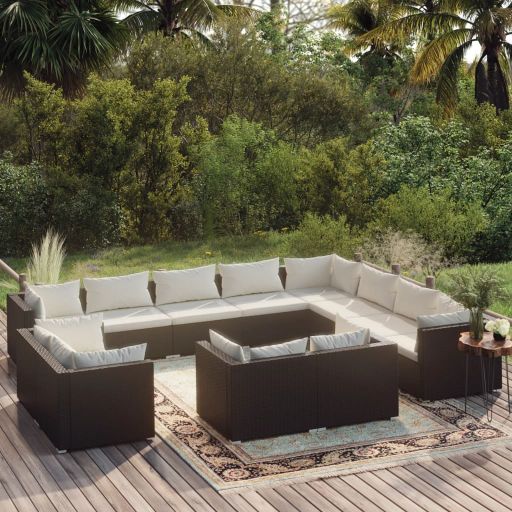 vidaXL 11-tlg. Garten-Lounge-Set mit Kissen Schwarz Poly Rattan