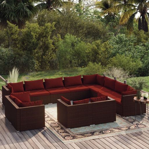 vidaXL 11-tlg. Garten-Lounge-Set mit Kissen Schwarz Poly Rattan