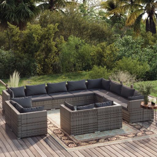 vidaXL 11-tlg. Garten-Lounge-Set mit Kissen Schwarz Poly Rattan