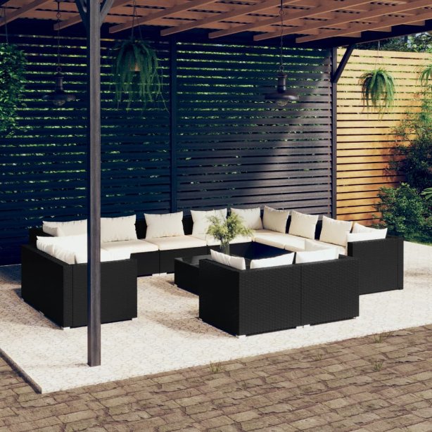 vidaXL 11-tlg. Garten-Lounge-Set mit Kissen Schwarz Poly Rattan
