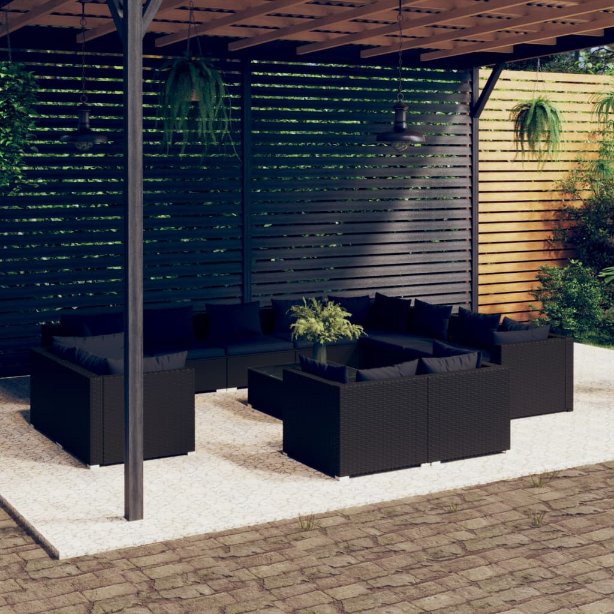 vidaXL 11-tlg. Garten-Lounge-Set mit Kissen Schwarz Poly Rattan