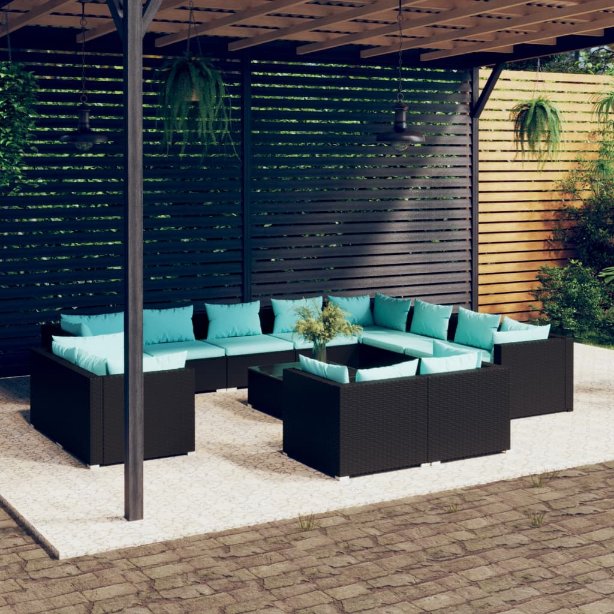 vidaXL 11-tlg. Garten-Lounge-Set mit Kissen Schwarz Poly Rattan