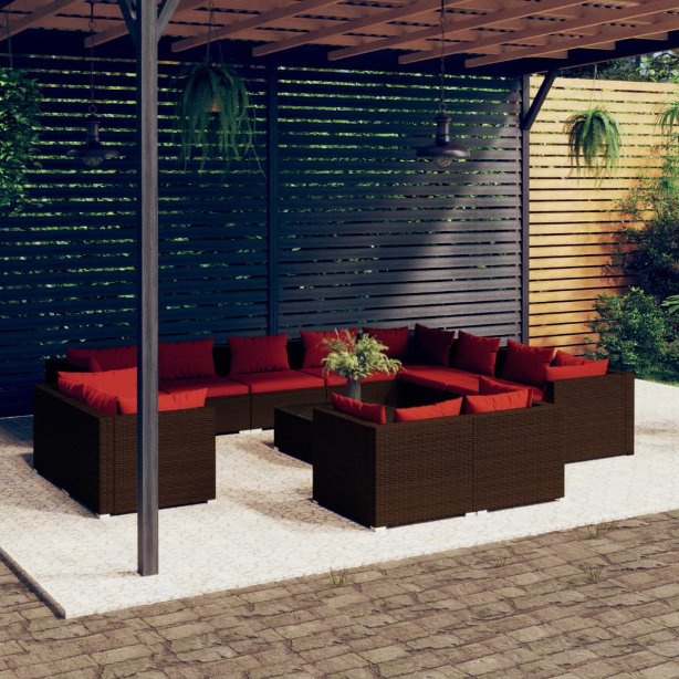 vidaXL 11-tlg. Garten-Lounge-Set mit Kissen Schwarz Poly Rattan