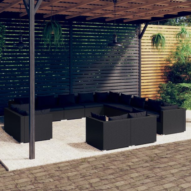 vidaXL 11-tlg. Garten-Lounge-Set mit Kissen Schwarz Poly Rattan