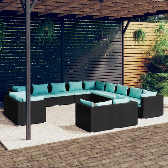 vidaXL 11-tlg. Garten-Lounge-Set mit Kissen Schwarz Poly Rattan