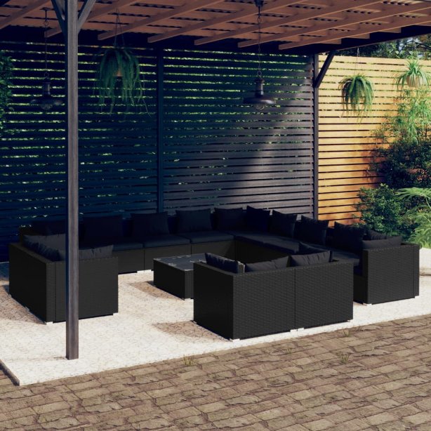vidaXL 11-tlg. Garten-Lounge-Set mit Kissen Schwarz Poly Rattan