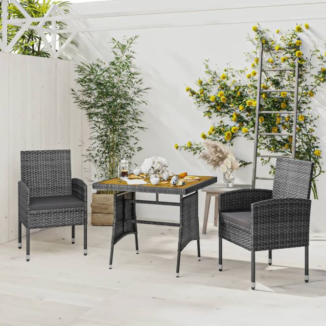 3-tlg. Garten-Essgruppe Poly Rattan Schwarz