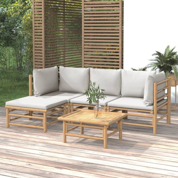 6-tlg. Garten-Lounge-Set mit Hellgrauen Kissen Bambus