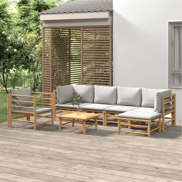 6-tlg. Garten-Lounge-Set mit Hellgrauen Kissen Bambus