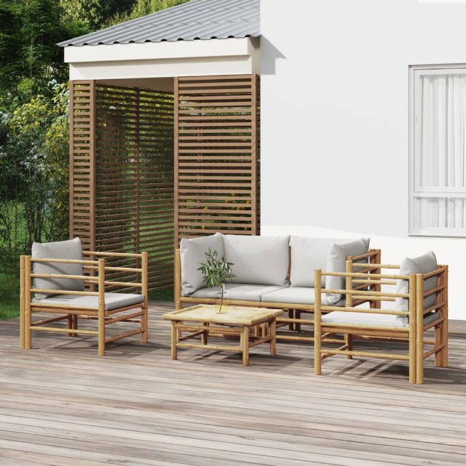 6-tlg. Garten-Lounge-Set mit Hellgrauen Kissen Bambus