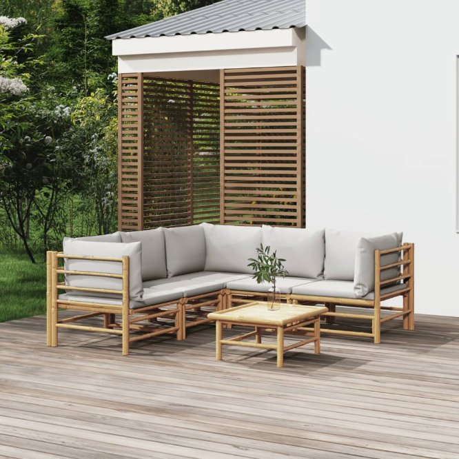 6-tlg. Garten-Lounge-Set mit Hellgrauen Kissen Bambus