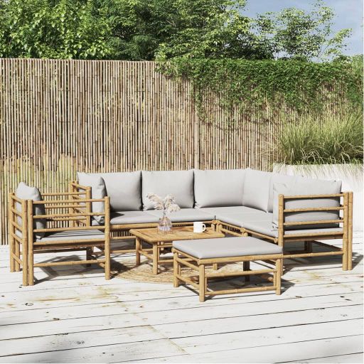 6-tlg. Garten-Lounge-Set mit Hellgrauen Kissen Bambus