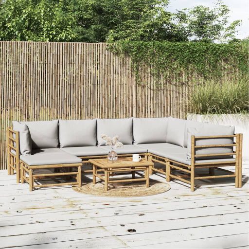 6-tlg. Garten-Lounge-Set mit Hellgrauen Kissen Bambus