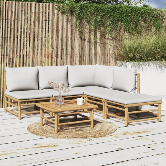 6-tlg. Garten-Lounge-Set mit Hellgrauen Kissen Bambus
