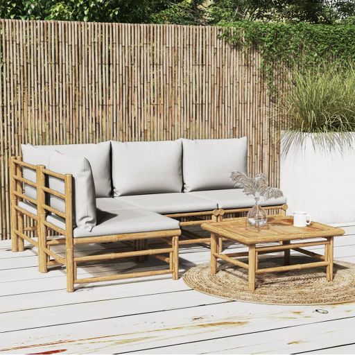 6-tlg. Garten-Lounge-Set mit Hellgrauen Kissen Bambus
