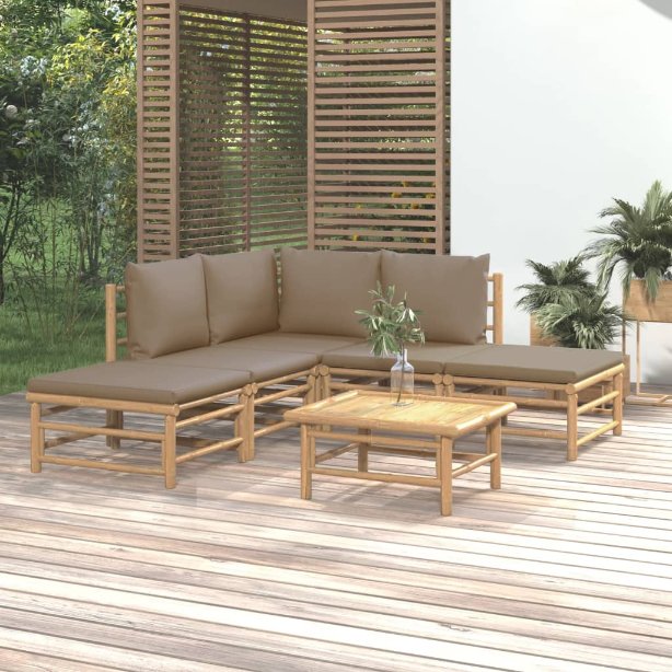 6-tlg. Garten-Lounge-Set mit Hellgrauen Kissen Bambus
