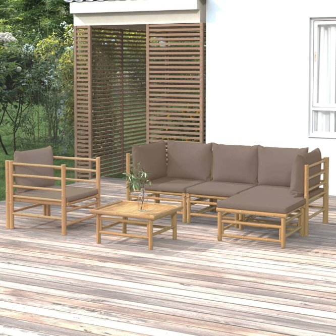 6-tlg. Garten-Lounge-Set mit Hellgrauen Kissen Bambus