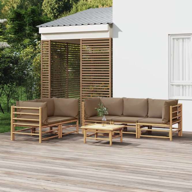 6-tlg. Garten-Lounge-Set mit Hellgrauen Kissen Bambus