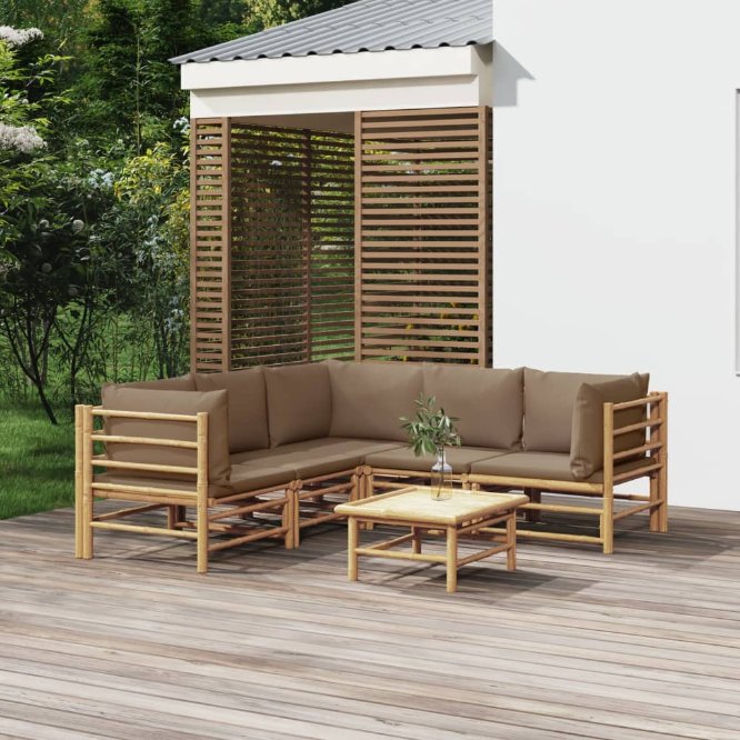 6-tlg. Garten-Lounge-Set mit Hellgrauen Kissen Bambus
