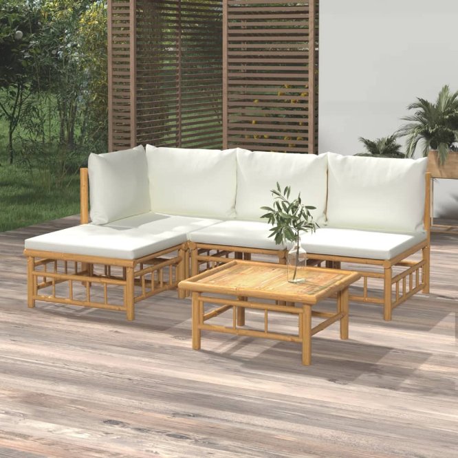 6-tlg. Garten-Lounge-Set mit Cremeweißen Kissen Bambus