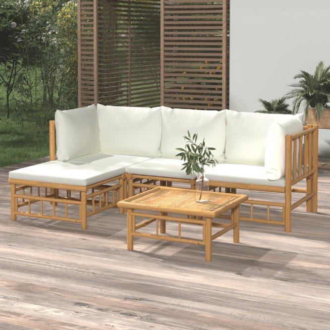 6-tlg. Garten-Lounge-Set mit Cremeweißen Kissen Bambus