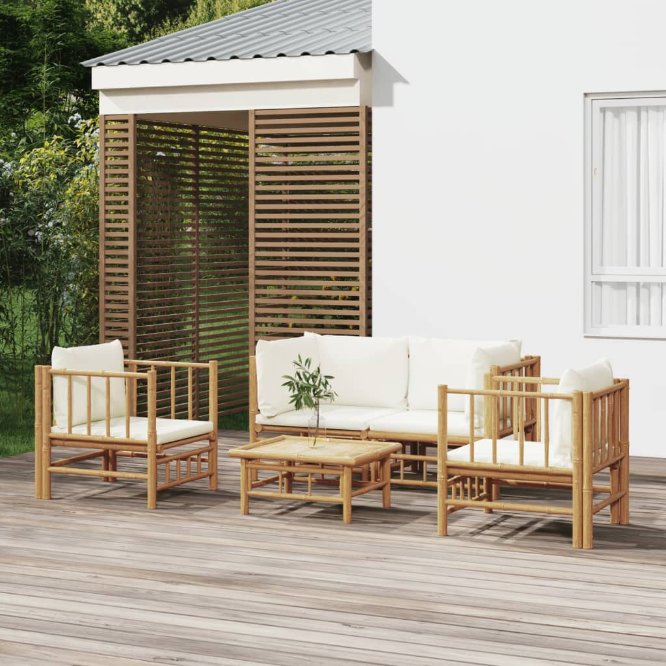 6-tlg. Garten-Lounge-Set mit Cremeweißen Kissen Bambus