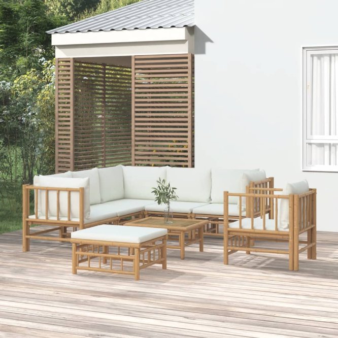 6-tlg. Garten-Lounge-Set mit Cremeweißen Kissen Bambus