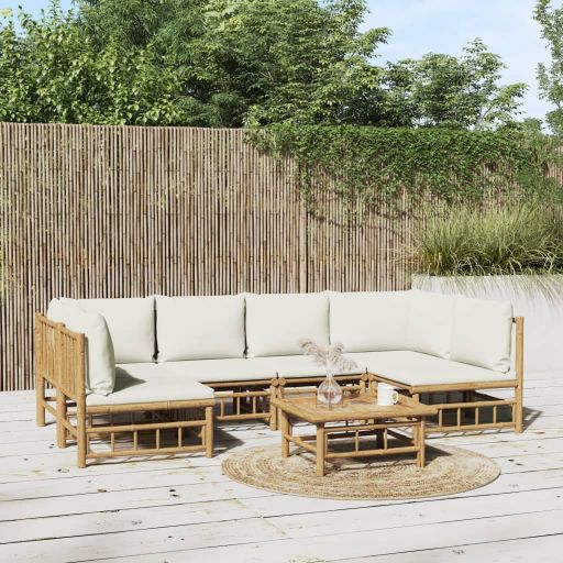 6-tlg. Garten-Lounge-Set mit Cremeweißen Kissen Bambus