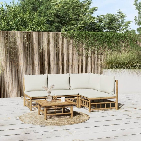 6-tlg. Garten-Lounge-Set mit Cremeweißen Kissen Bambus