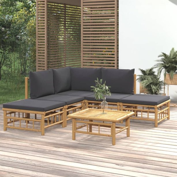 6-tlg. Garten-Lounge-Set mit Cremeweißen Kissen Bambus