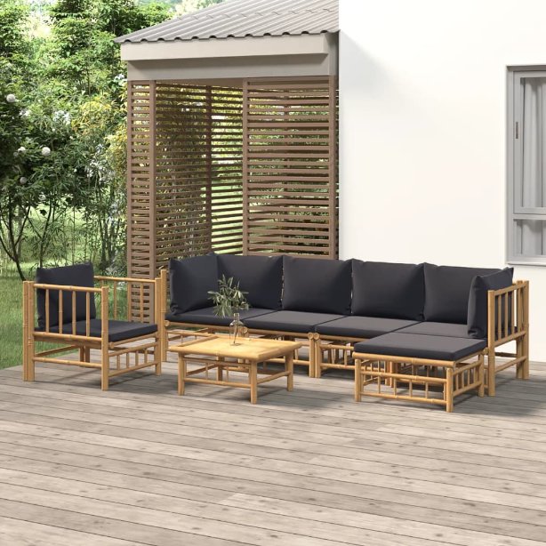 6-tlg. Garten-Lounge-Set mit Cremeweißen Kissen Bambus