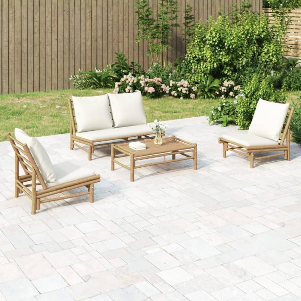 4-tlg. Garten-Lounge-Set mit Dunkelgrauen Kissen Bambus