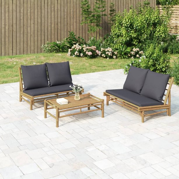 4-tlg. Garten-Lounge-Set mit Dunkelgrauen Kissen Bambus