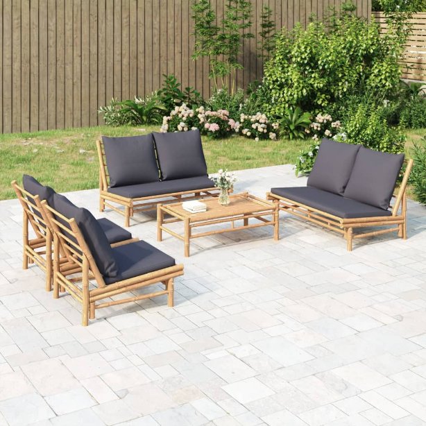 4-tlg. Garten-Lounge-Set mit Dunkelgrauen Kissen Bambus
