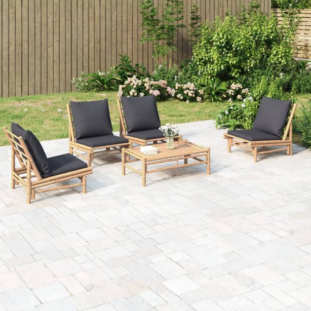 4-tlg. Garten-Lounge-Set mit Dunkelgrauen Kissen Bambus