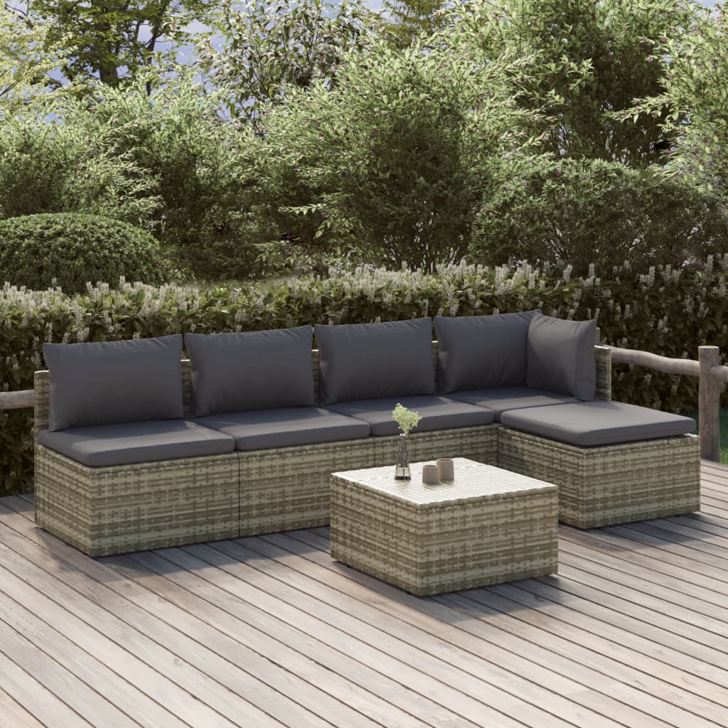 6-tlg. Garten-Lounge-Set mit Kissen Grau Poly Rattan