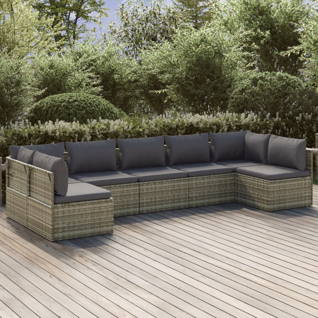 6-tlg. Garten-Lounge-Set mit Kissen Grau Poly Rattan