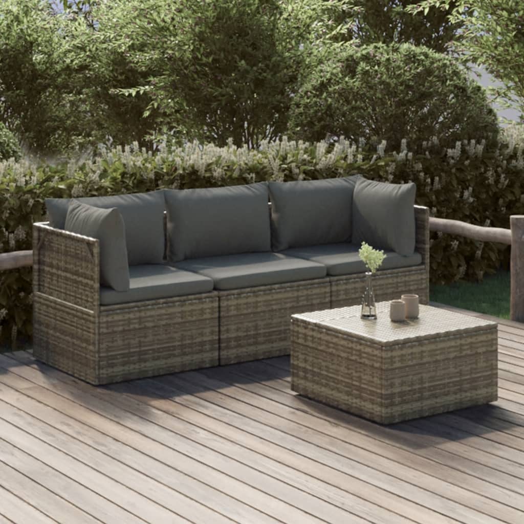 4-tlg. Garten-Lounge-Set mit Kissen Grau Poly Rattan