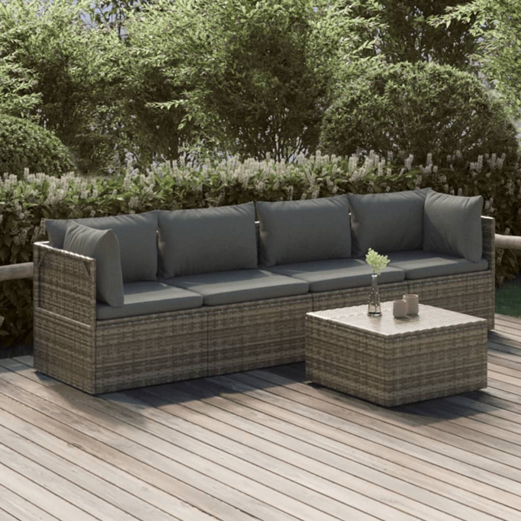 4-tlg. Garten-Lounge-Set mit Kissen Grau Poly Rattan