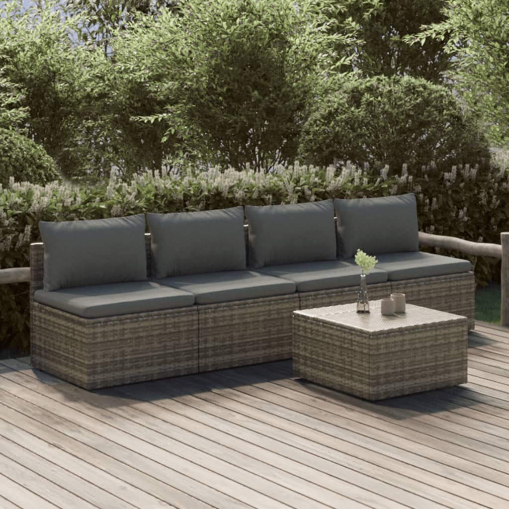 4-tlg. Garten-Lounge-Set mit Kissen Grau Poly Rattan